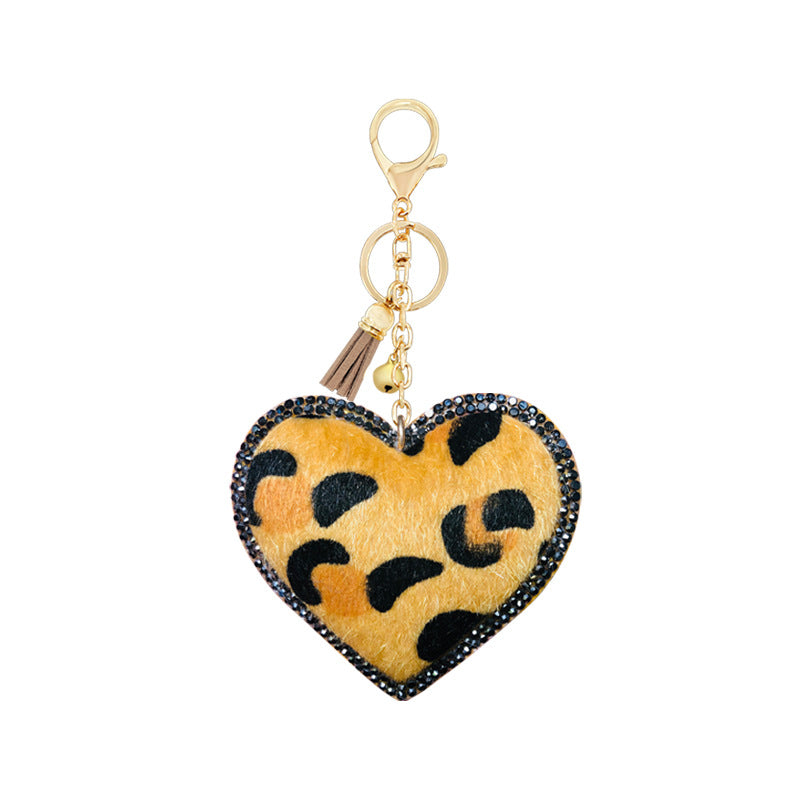 Wholesale Velvet Leopard Pattern Love Style Diamond Inlaid Bell Tassel Keychain